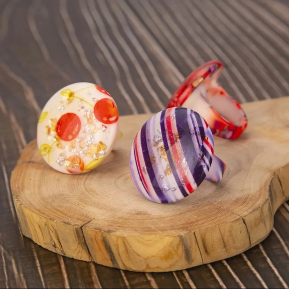 Round oversize Resin Lucite Floral Pattern with Gold Glitter Foil 17-19mm top - Picture 4 of 8